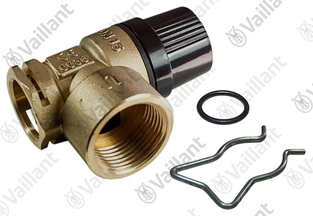 Sicherheitsventil von Vaillant mit einem Anschlussteil und einer schwarzen Einstellschraube, ergänzt durch O-Ring und Clips zur Befestigung.